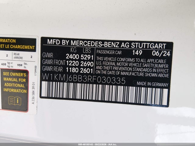 2024 Mercedes-benz Cle 450 4matic მანქანა იყიდება აუქციონზე, vin: W1KMJ6BB3RF030335, აუქციონის ნომერი: 46180143