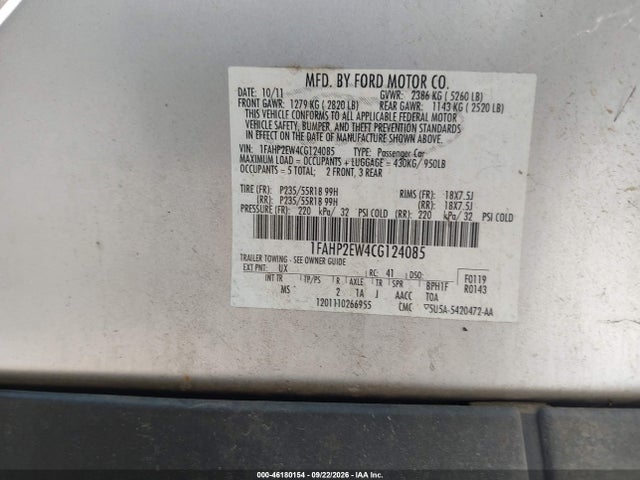 Продажа на аукционе авто 2012 Ford Taurus Sel, vin: 1FAHP2EW4CG124085, номер лота: 46180154