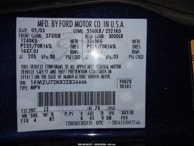 Продаж на аукціоні авто 2003 Ford Explorer Xls, vin: 1FMZU72K83ZB34446, номер лоту: 46180157
