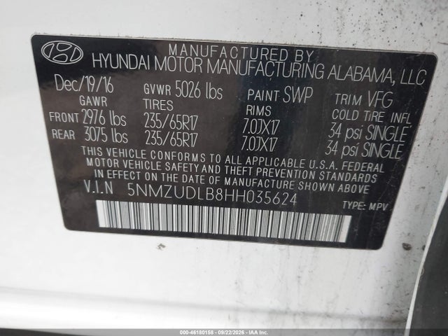 Продажа на аукционе авто 2017 Hyundai Santa Fe Sport 2.4l, vin: 5NMZUDLB8HH035624, номер лота: 46180158
