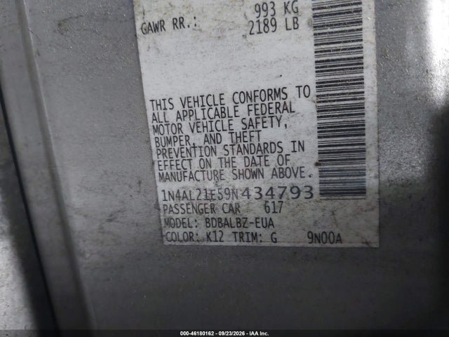 2009 Nissan Altima 2.5 S მანქანა იყიდება აუქციონზე, vin: 1N4AL21E59N434793, აუქციონის ნომერი: 46180162