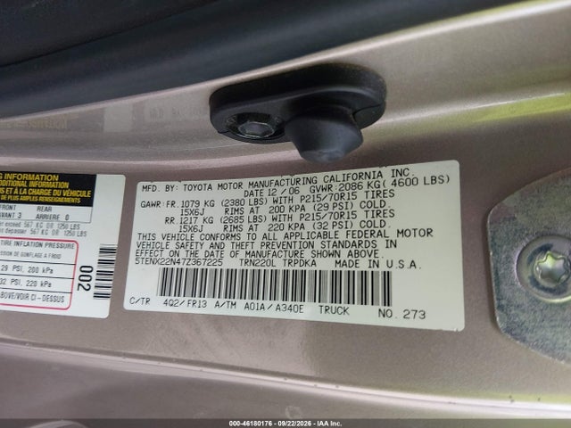 Aukcja sprzedaży 2007 Toyota Tacoma, vin: 5TENX22N47Z367225, numer aukcji: 46180176