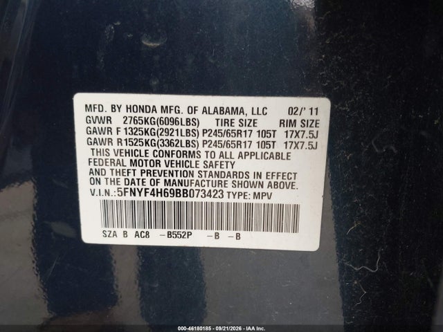 Продаж на аукціоні авто 2011 Honda Pilot Ex-l, vin: 5FNYF4H69BB073423, номер лоту: 46180185
