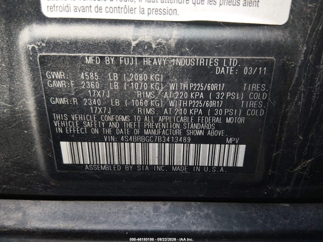 Aukcja sprzedaży 2011 Subaru Outback 2.5i Premium, vin: 4S4BRBGC7B3413489, numer aukcji: 46180198