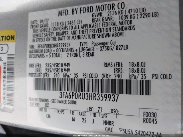 Ford Fusion Hybrid Titanium 2017 3FA6P0RU3HR359937 Image 9