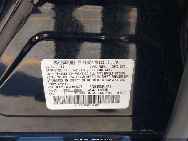 46180207 :رقم المزاد ، JN1CV6AR7FM524071 vin ، 2015 Infiniti Q40 مزاد بيع