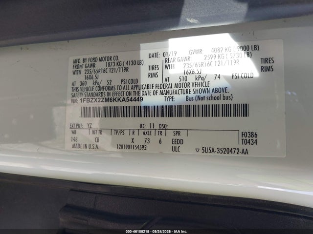 Продажа на аукционе авто 2019 Ford Transit-350 Xlt, vin: 1FBZX2ZM6KKA54449, номер лота: 46180215
