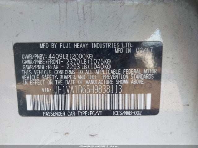 2017 Subaru Wrx მანქანა იყიდება აუქციონზე, vin: JF1VA1B65H9838113, აუქციონის ნომერი: 46180230