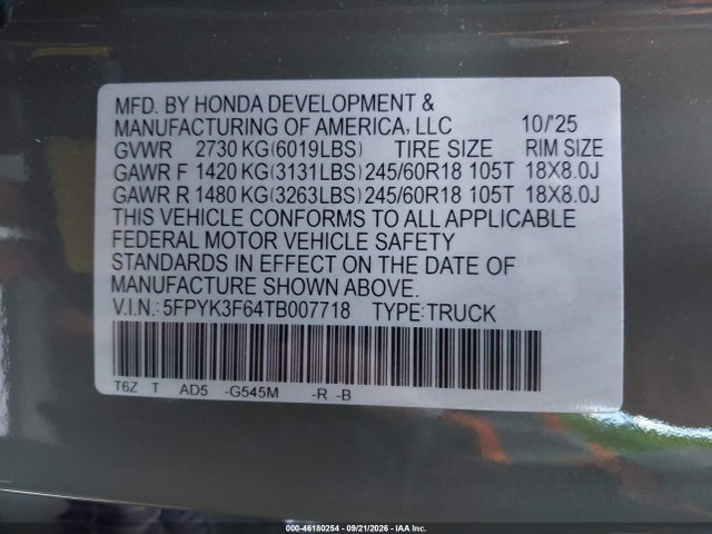 Aukcja sprzedaży 2026 Honda Ridgeline Trailsport, vin: 5FPYK3F64TB007718, numer aukcji: 46180254