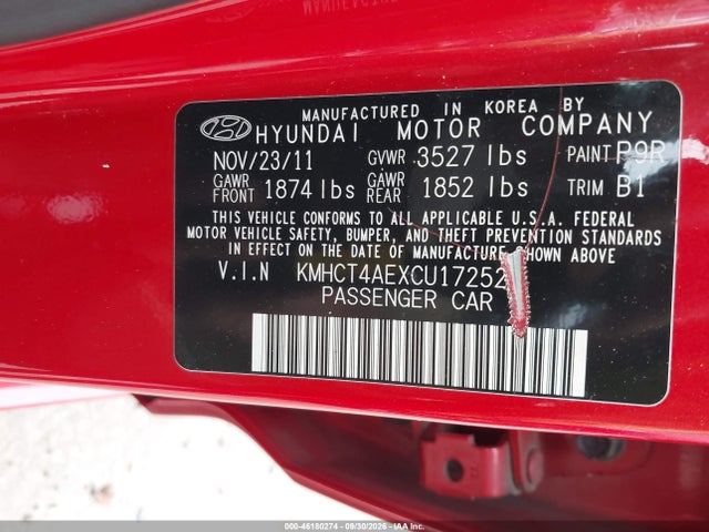 46180274 :رقم المزاد ، KMHCT4AEXCU172521 vin ، 2012 Hyundai Accent Gls مزاد بيع