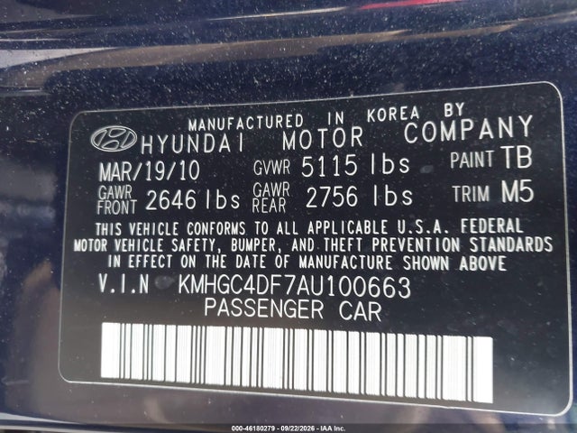 Aukcja sprzedaży 2010 Hyundai Genesis 4.6, vin: KMHGC4DF7AU100663, numer aukcji: 46180279
