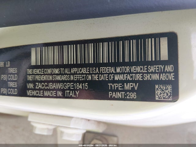 46180284 :رقم المزاد ، ZACCJBAW6GPE18415 vin ، 2016 Jeep Renegade Sport مزاد بيع