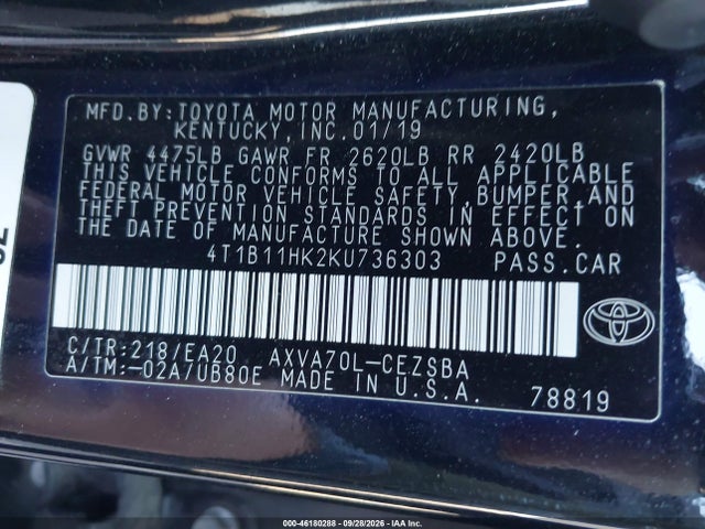 46180288 :رقم المزاد ، 4T1B11HK2KU736303 vin ، 2019 Toyota Camry Se مزاد بيع
