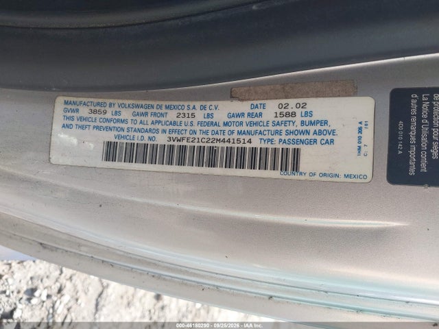 46180290 :رقم المزاد ، 3VWFE21C22M441514 vin ، 2002 Volkswagen New Beetle Turbo S مزاد بيع