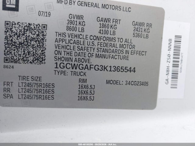 46180295 :رقم المزاد ، 1GCWGAFG3K1365544 vin ، 2019 Chevrolet Express 2500 Work Van مزاد بيع