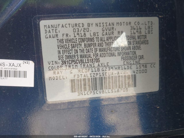 46180297 :رقم المزاد ، 3N1CP5CV8LL518705 vin ، 2020 Nissan Kicks Sv Xtronic Cvt مزاد بيع