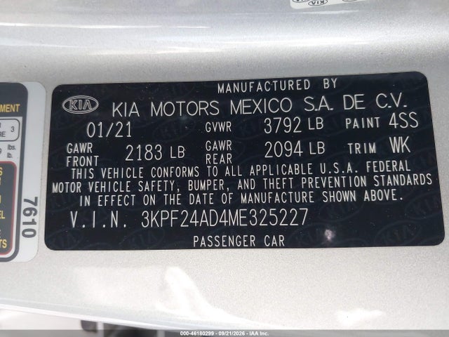 2021 Kia Forte Lxs მანქანა იყიდება აუქციონზე, vin: 3KPF24AD4ME325227, აუქციონის ნომერი: 46180299
