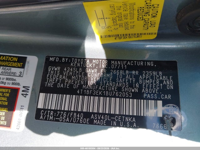 Продажа на аукционе авто 2011 Toyota Camry Le, vin: 4T1BF3EK1BU762053, номер лота: 46180304
