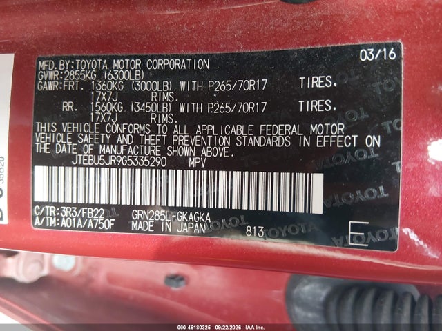 Aukcja sprzedaży 2016 Toyota 4runner Sr5, vin: JTEBU5JR9G5335290, numer aukcji: 46180325