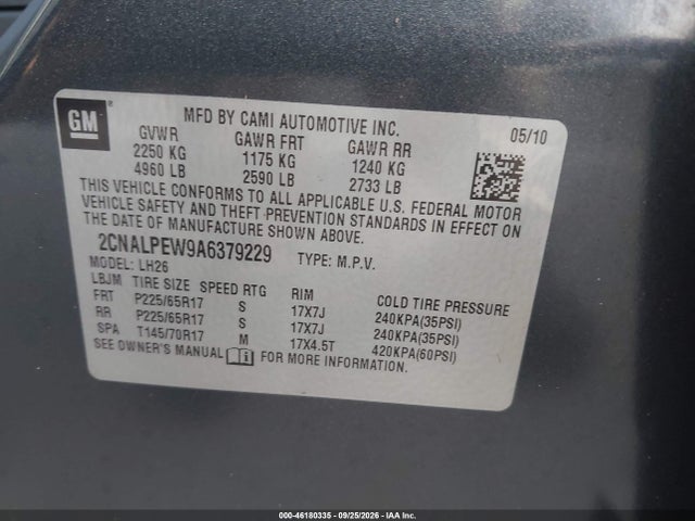Aukcja sprzedaży 2010 Chevrolet Equinox Lt, vin: 2CNALPEW9A6379229, numer aukcji: 46180335