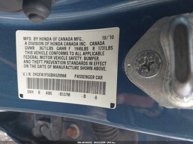 46180352 :رقم المزاد ، 2HGFA1F55BH520968 vin ، 2011 Honda Civic Lx مزاد بيع