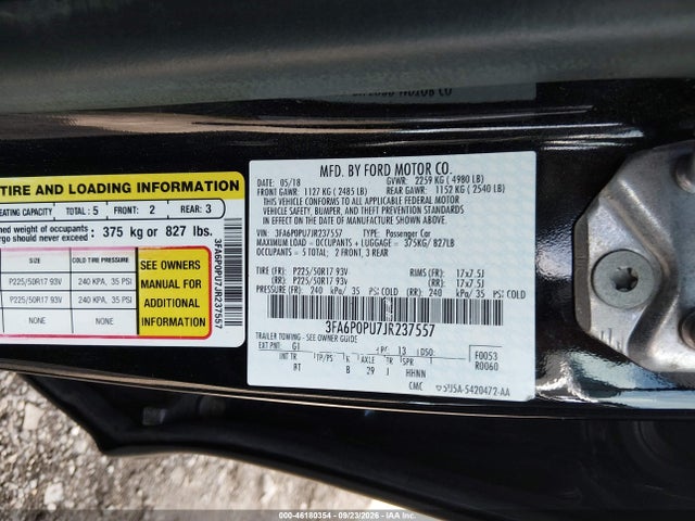 2018 Ford Fusion Energi Se Luxury მანქანა იყიდება აუქციონზე, vin: 3FA6P0PU7JR237557, აუქციონის ნომერი: 46180354