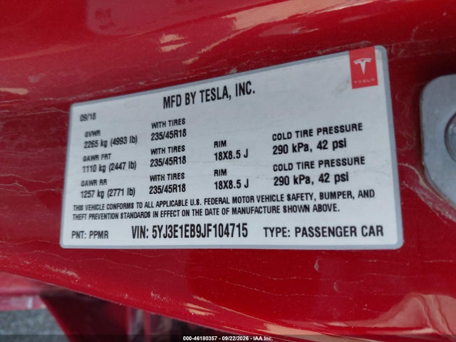Продаж на аукціоні авто 2018 Tesla Model 3 Long Range/performance, vin: 5YJ3E1EB9JF104715, номер лоту: 46180357