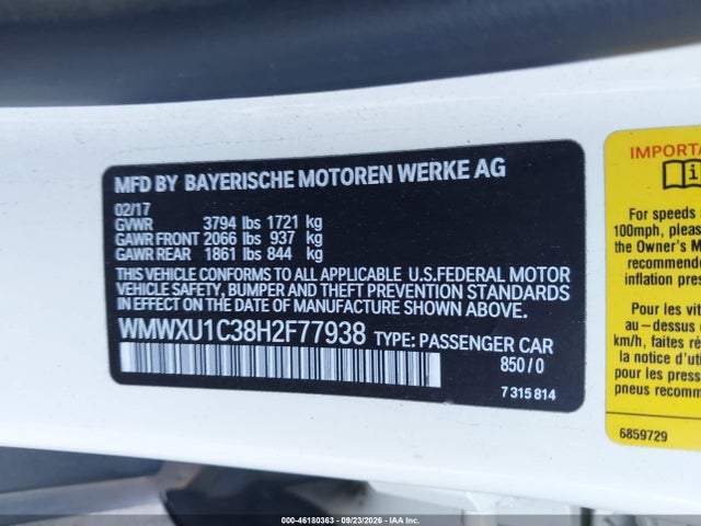 2017 Mini Hardtop Cooper მანქანა იყიდება აუქციონზე, vin: WMWXU1C38H2F77938, აუქციონის ნომერი: 46180363