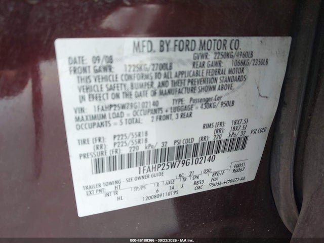 Продажа на аукционе авто 2009 Ford Taurus Limited, vin: 1FAHP25W79G102140, номер лота: 46180366
