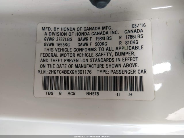 46180378 :رقم المزاد ، 2HGFC4B0XGH301176 vin ، 2016 Honda Civic Lx-p مزاد بيع
