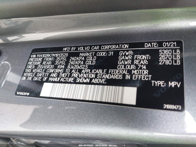 46180383 :رقم المزاد ، YV4102RK7M1813529 vin ، 2021 Volvo Xc60 Momentum مزاد بيع
