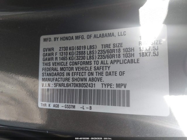 Продажа на аукционе авто 2019 Honda Odyssey Ex-l, vin: 5FNRL6H70KB052431, номер лота: 46180390