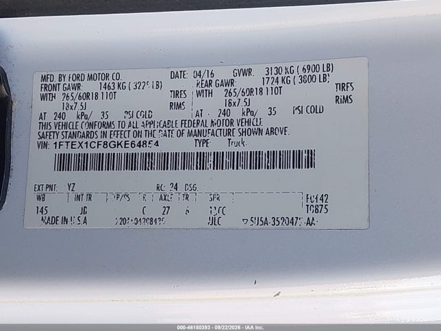 Продаж на аукціоні авто 2016 Ford F-150 Xlt, vin: 1FTEX1CF8GKE64854, номер лоту: 46180393