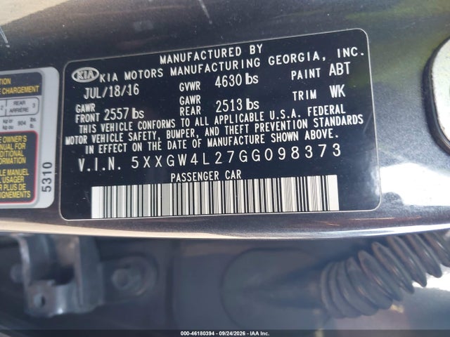 2016 Kia Optima Sx Turbo მანქანა იყიდება აუქციონზე, vin: 5XXGW4L27GG098373, აუქციონის ნომერი: 46180394