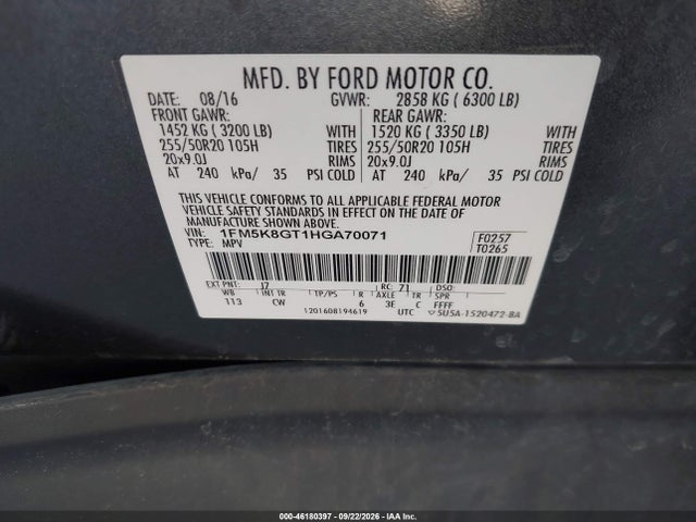 Ford EXPLORER SPORT 2017 1FM5K8GT1HGA70071 Image 9