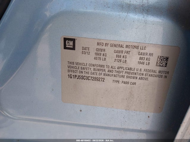 Продажа на аукционе авто 2012 Chevrolet Cruze Eco, vin: 1G1PJ5SC0C7289272, номер лота: 46180403
