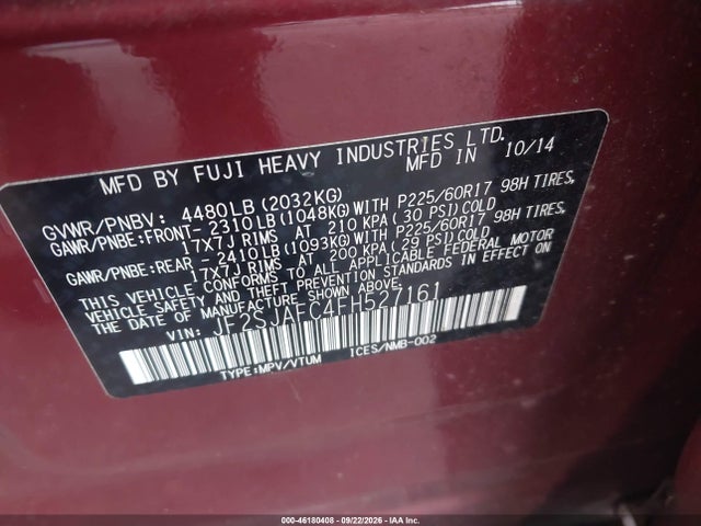 Aukcja sprzedaży 2015 Subaru Forester 2.5i Premium, vin: JF2SJAFC4FH527161, numer aukcji: 46180408