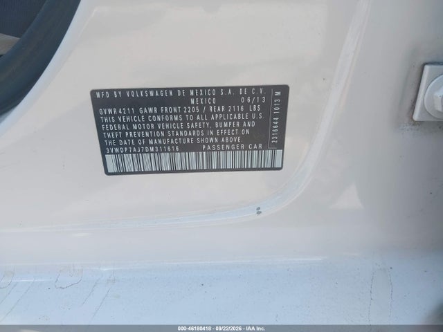 2013 Volkswagen Jetta 2.5l Se მანქანა იყიდება აუქციონზე, vin: 3VWDP7AJ7DM311616, აუქციონის ნომერი: 46180418