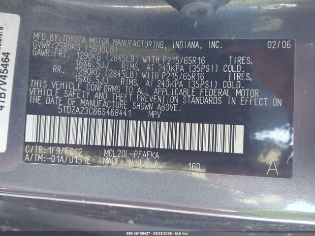 Aukcja sprzedaży 2006 Toyota Sienna Le, vin: 5TDZA23C66S468441, numer aukcji: 46180427