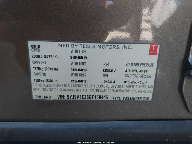 Tesla MODEL S 2016 5YJSA1E26GF159445 Image 9