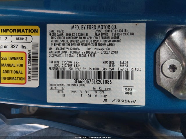 2020 Ford Fusion S მანქანა იყიდება აუქციონზე, vin: 3FA6P0G75LR201086, აუქციონის ნომერი: 46180437