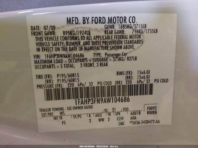 Продаж на аукціоні авто 2010 Ford Focus Se, vin: 1FAHP3FN9AW104686, номер лоту: 46180446