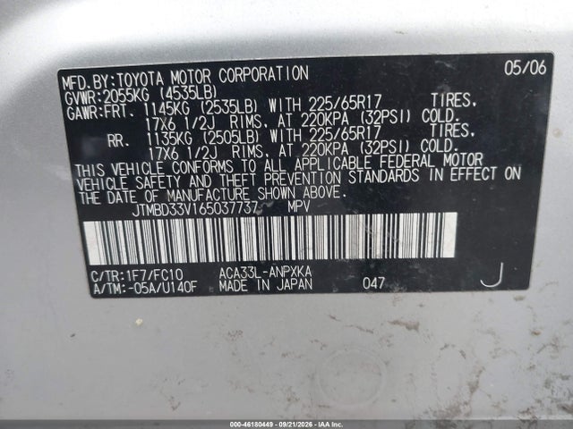 Продажа на аукционе авто 2006 Toyota Rav4, vin: JTMBD33V165037737, номер лота: 46180449