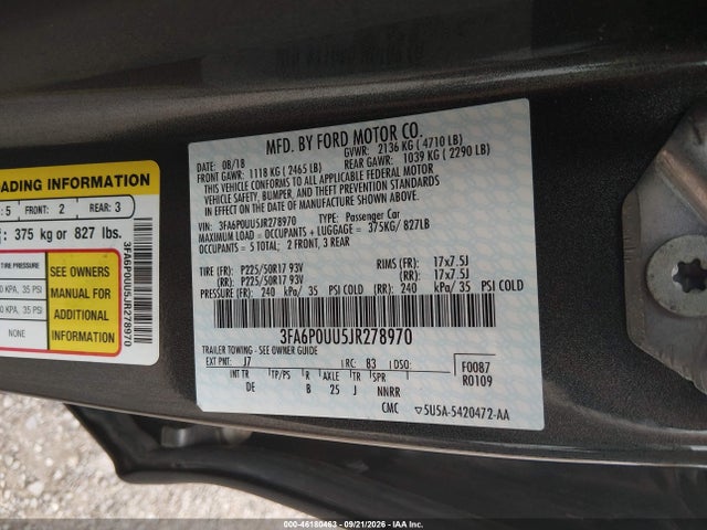 46180463 :رقم المزاد ، 3FA6P0UU5JR278970 vin ، 2018 Ford Fusion Hybrid S مزاد بيع