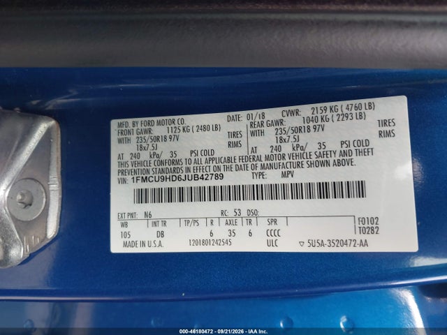 46180472 :رقم المزاد ، 1FMCU9HD6JUB42789 vin ، 2018 Ford Escape Sel مزاد بيع