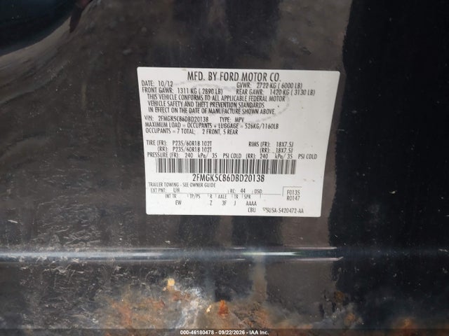 46180478 :رقم المزاد ، 2FMGK5C86DBD20138 vin ، 2013 Ford Flex Sel مزاد بيع