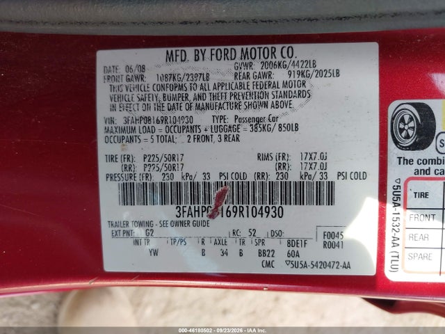 Продаж на аукціоні авто 2009 Ford Fusion Sel, vin: 3FAHP08169R104930, номер лоту: 46180502