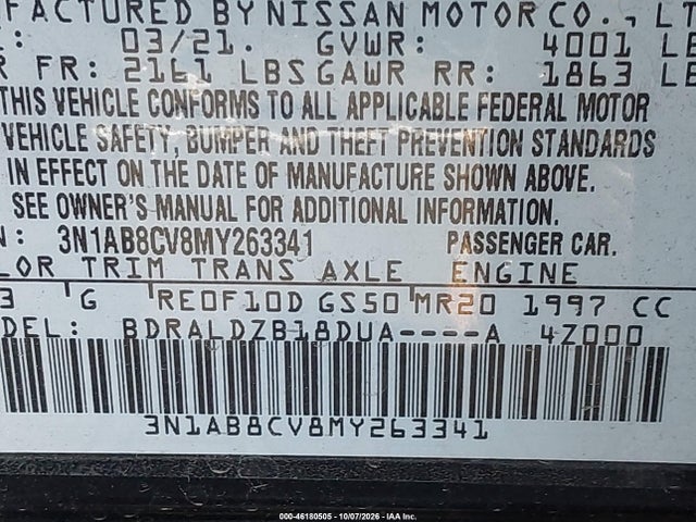 Продажа на аукционе авто 2021 Nissan Sentra Sv Xtronic Cvt, vin: 3N1AB8CV8MY263341, номер лота: 46180505