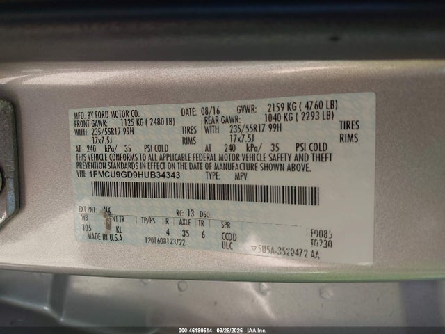 Aukcja sprzedaży 2017 Ford Escape Se, vin: 1FMCU9GD9HUB34343, numer aukcji: 46180514