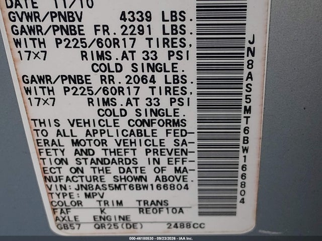 Продаж на аукціоні авто 2011 Nissan Rogue Sv, vin: JN8AS5MT6BW166804, номер лоту: 46180530